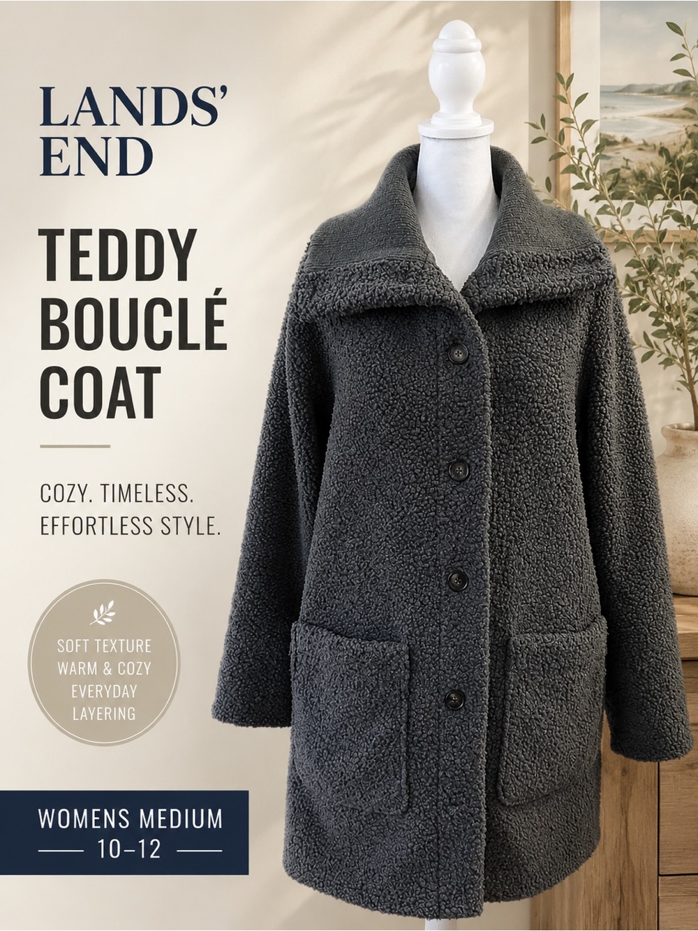 Lands' End Women's Teddy Bouclé Coat — Charcoal Gray